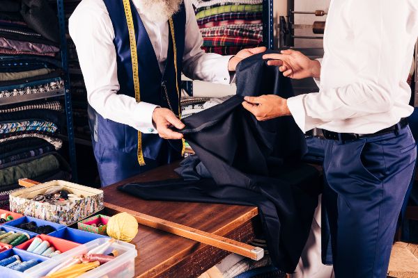 Reparación de ropa; sastre con chaleco azul mostrando tela al cliente